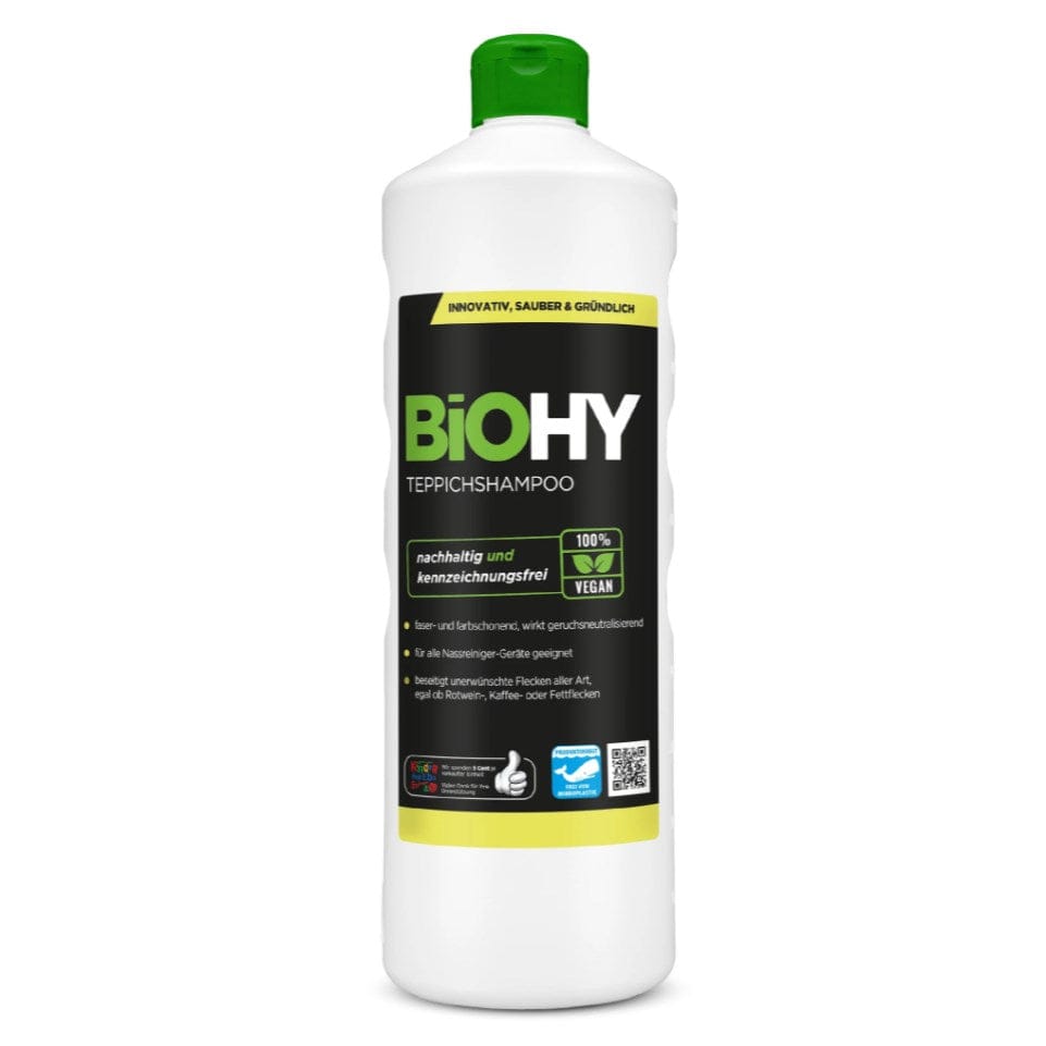Teppichshampoo in weißer Flasche mit grünem Deckel