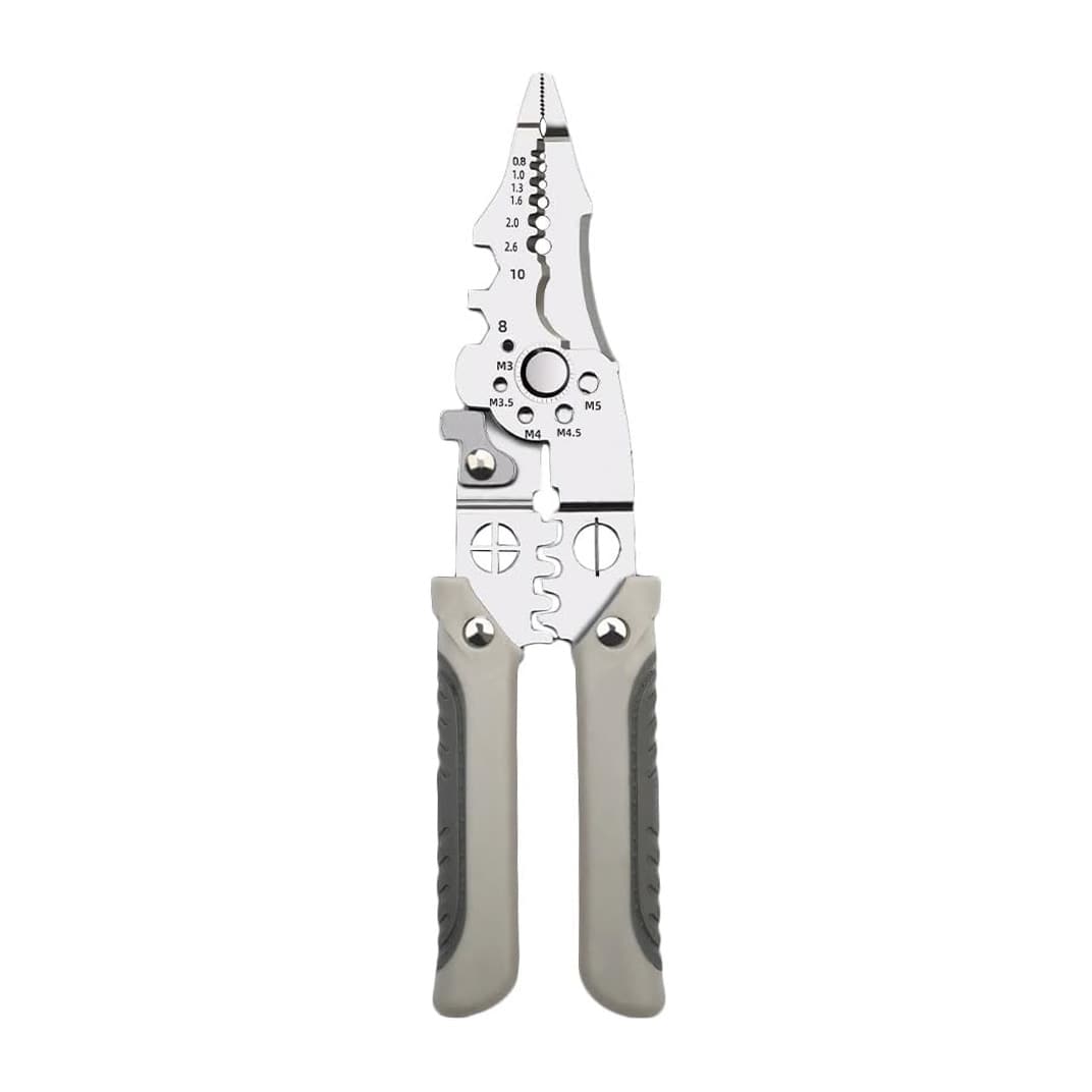Silberne Crimp- und Abisolierzange mit garuen Gummi Griffen von vorne