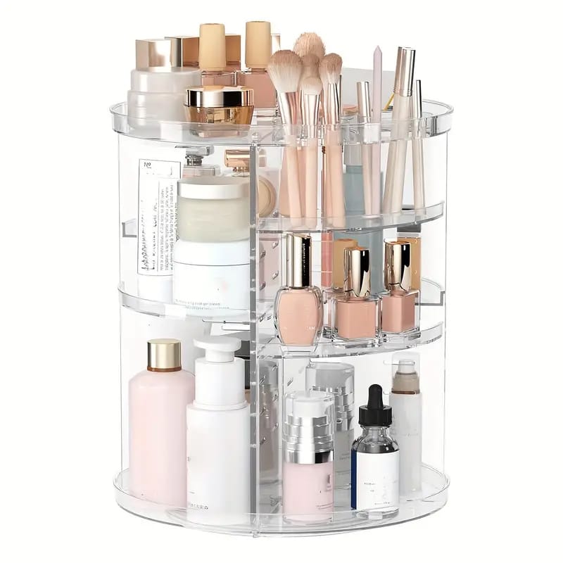 Transparenter, drehbarer Make-Up Organizer in einem Anwendungsbeispiel mit verschiedenen Produkten