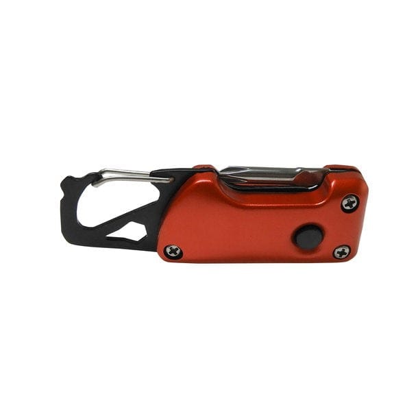 Roter Karabiner mit schwarzen und silbernen Details und einer integrierten Taschenlampe