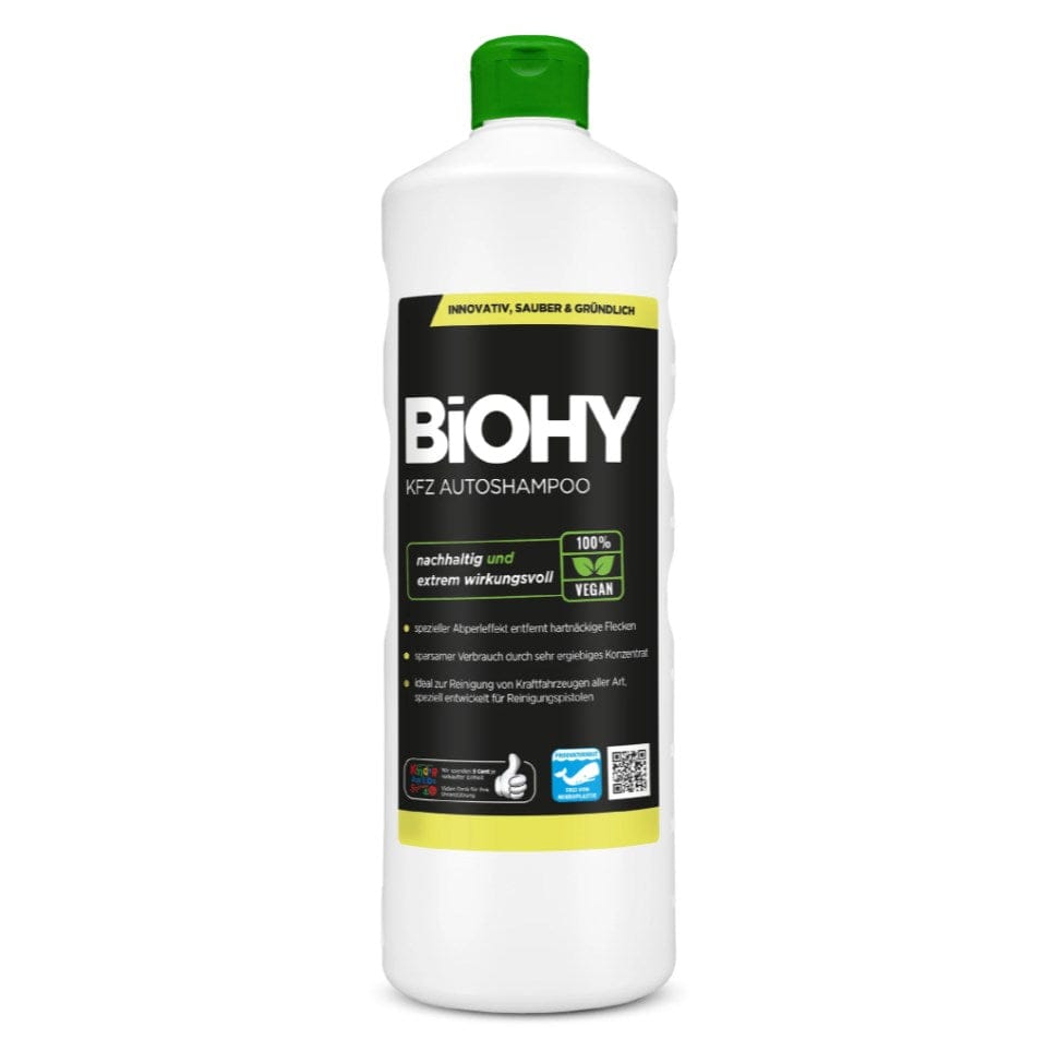 Autoshampoo in weißer Flasche mit grünem Deckel