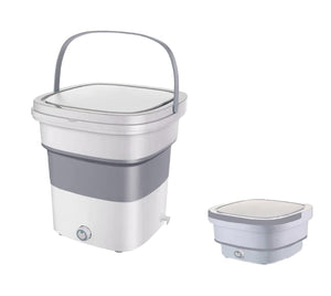 Weiss-garue mini Waschmaschine mit grauem Henkel und dem Wasserbehälter