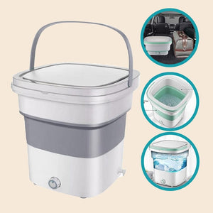 Weiss-garue mini Waschmaschine mit grauem Henkel und verschiedenen Verwendungsbeispielen