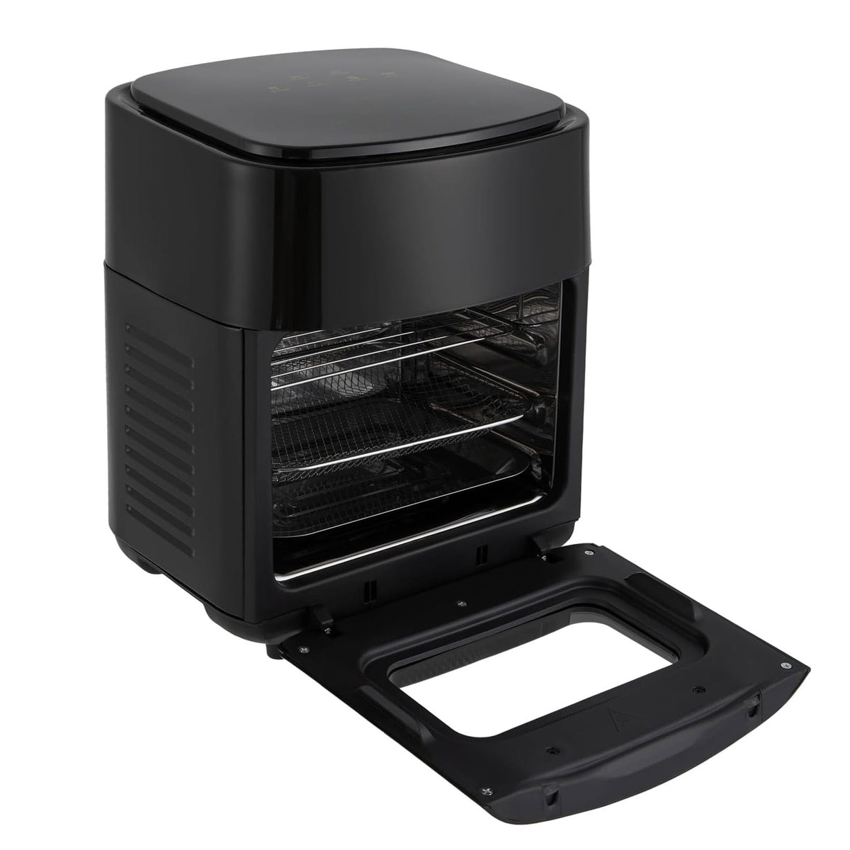 Schwarzer, aufgeklappter Airfryer mit Sichtfenster