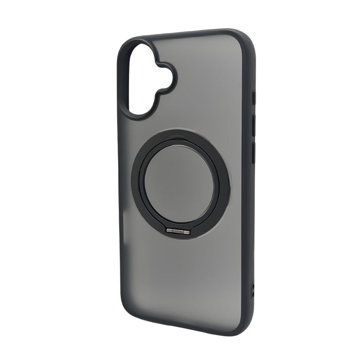 Graue iPhone-Hülle von der Seite mit rundem, einklappbarem Ständer für das iPhone 16 Plus