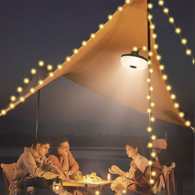 2-in-1 Camping-Laterne mit integrierter Lichterkette – solarbetrieben und USB-aufladbar – Ansicht 3