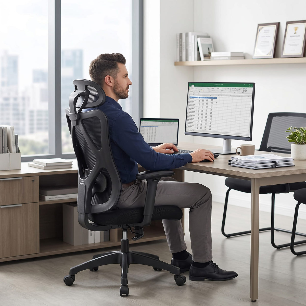 Ergonomischer Bürostuhl mit Fussstütze & Kopfstütze – Schwarz – Ansicht 4