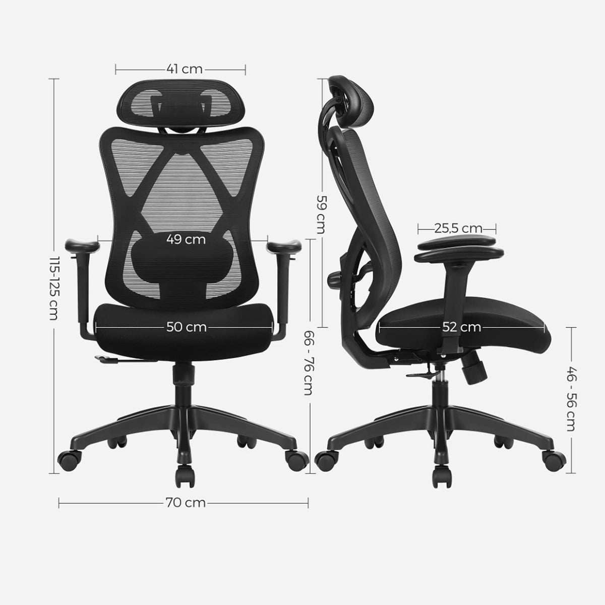 Ergonomischer Bürostuhl mit Fussstütze & Kopfstütze – Schwarz – Ansicht 6
