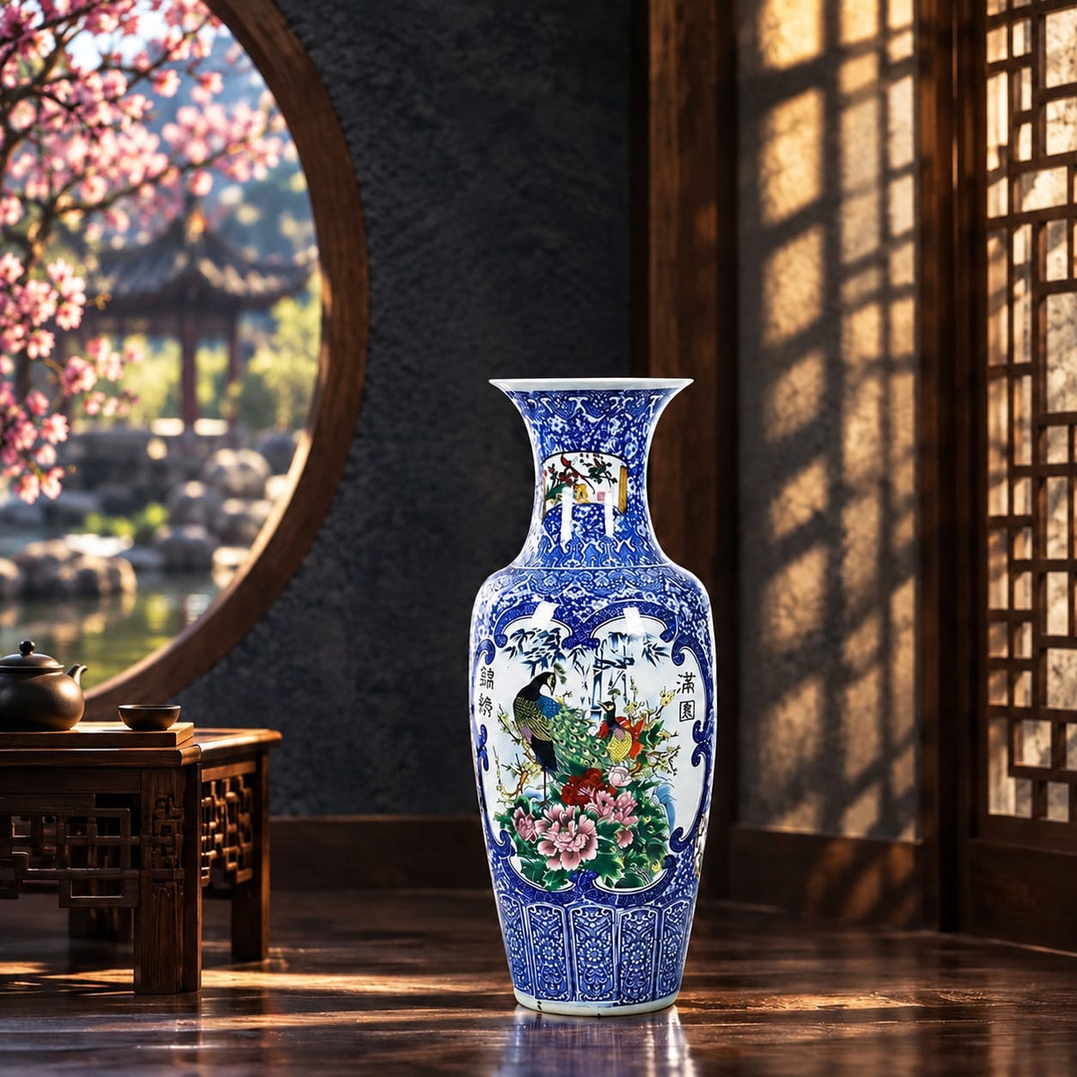 Deko-Vase Chinesischer Folklore-Stil - Pfauen mit Pfingstrosen – Ansicht 2