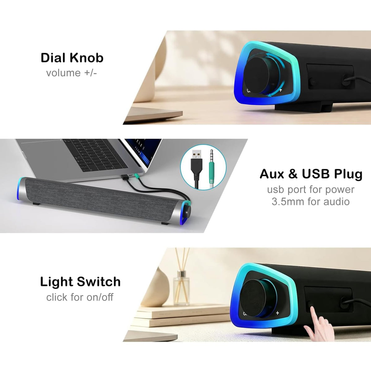 Soundbar mit LED-Beleuchtung – Lautsprecher für TV, PC & Gaming – Ansicht 5