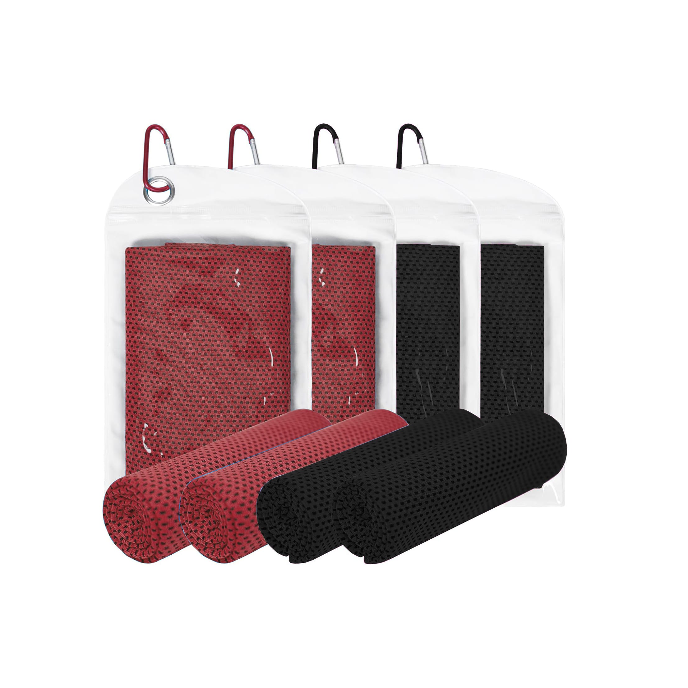 Kühltuch Set mit Karabiner 4-teilig in Rot/Rot/Schwarz/Schwarz