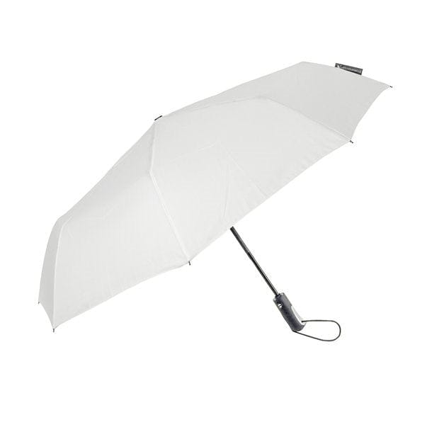 Weisser Regenschirm mit schwarzem Griff und silbernen Stange