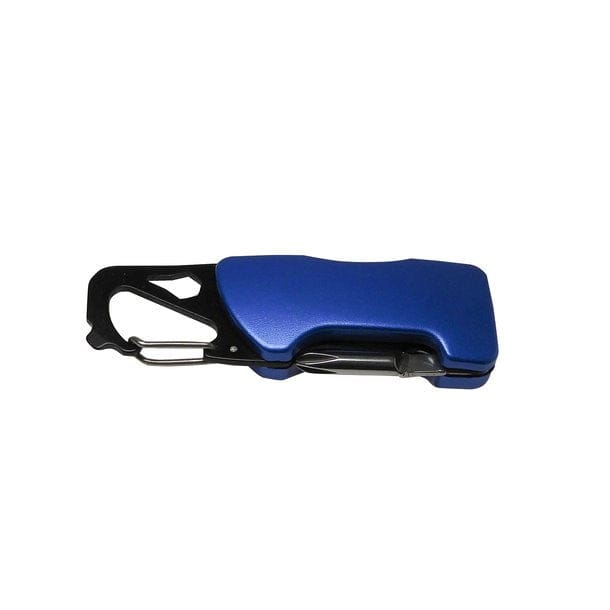 Rückseite von blauem Karabiner mit schwarzen und silbernen Details und einer integrierten Taschenlampe