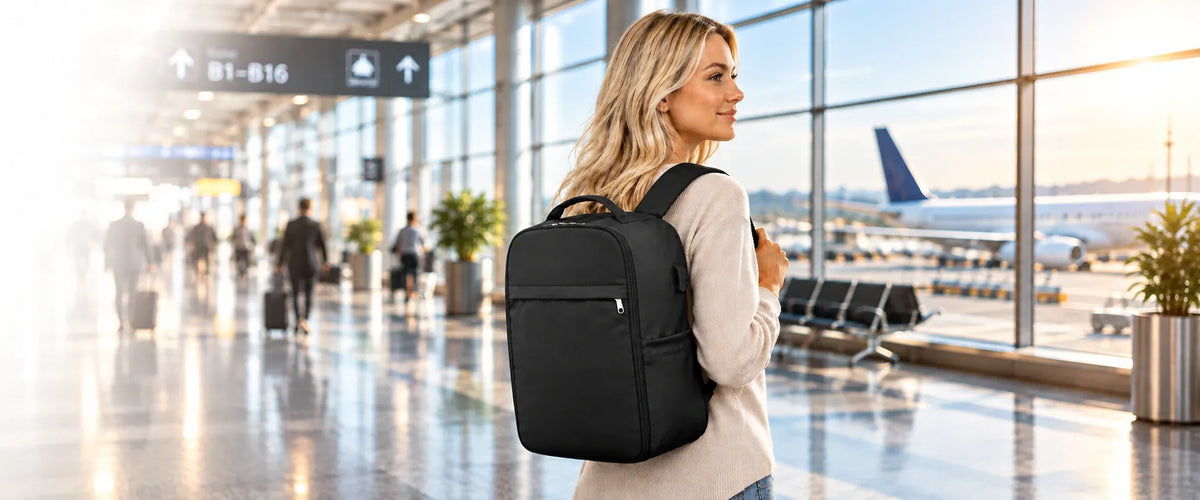 Frau mit schwarzem Reiserucksack im Handgepäck-Format am Flughafen